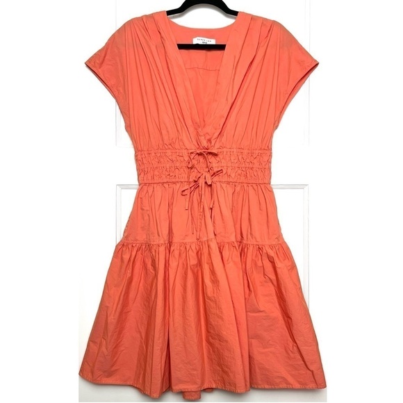 DEREK LAM Coral Cotton Smocked Ruched Tie Waist Short Sleeve Flare Mini Dress 12 - Picture 6 of 13